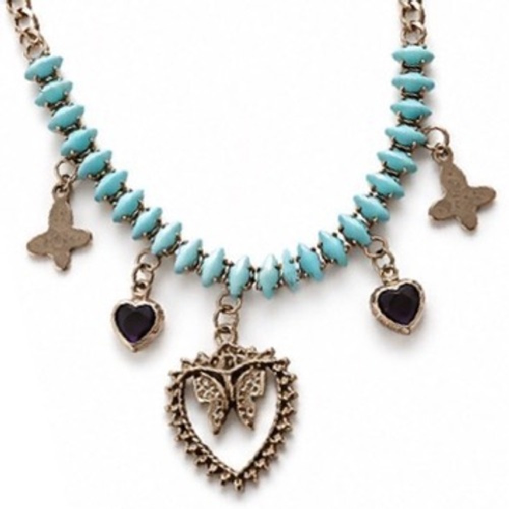 Boho Butterfly Heart Charm Necklace Turquoise Beaded Gold Tone Statement Jewelry